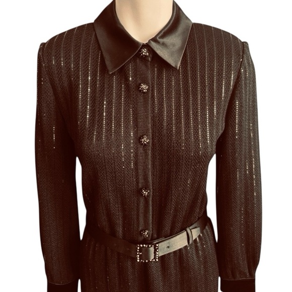 ST JOHN Evening Black Long-Sleeve Belted Shirt Dress • Sparkle Knit • Satin NWT - Picture 3 of 17